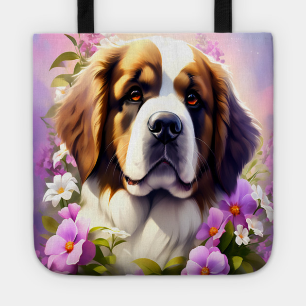 Saint Bernard Dog Surrounded by Beautiful Spring Flowers Tote by BirdsnStuff