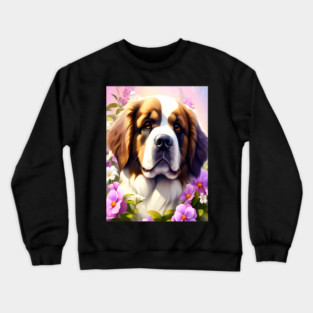 Saint Bernard Dog Surrounded by Beautiful Spring Flowers Crewneck Sweatshirt