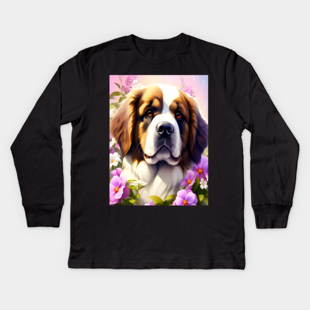 Saint Bernard Dog Surrounded by Beautiful Spring Flowers Kids Long Sleeve T-Shirt by BirdsnStuff