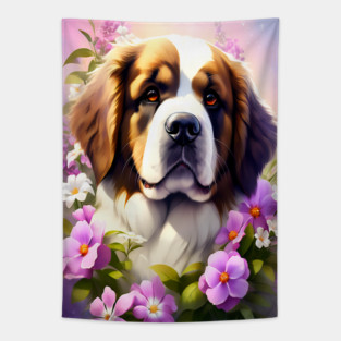 Saint Bernard Dog Surrounded by Beautiful Spring Flowers Tapestry