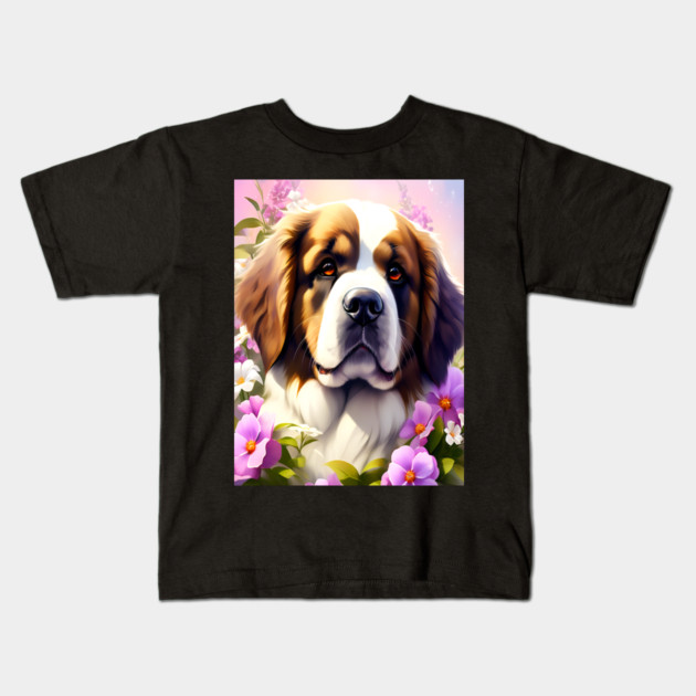Saint Bernard Dog Surrounded by Beautiful Spring Flowers Kids T-Shirt by BirdsnStuff