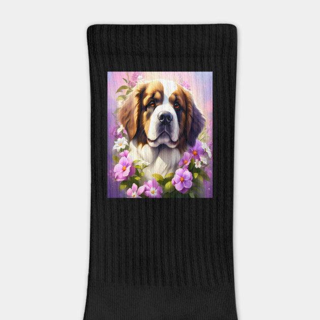 Saint Bernard Dog Surrounded by Beautiful Spring Flowers by BirdsnStuff
