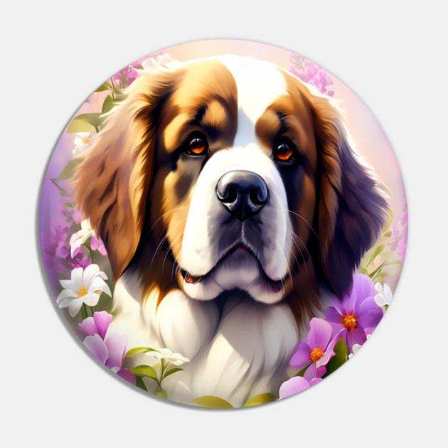 Saint Bernard Dog Surrounded by Beautiful Spring Flowers Pin by BirdsnStuff