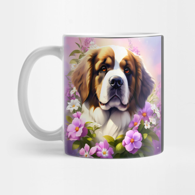 Saint Bernard Dog Surrounded by Beautiful Spring Flowers by BirdsnStuff
