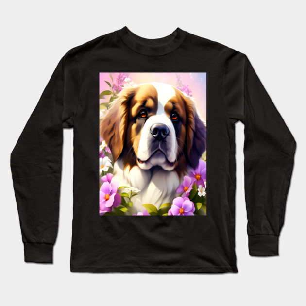 Saint Bernard Dog Surrounded by Beautiful Spring Flowers Long Sleeve T-Shirt by BirdsnStuff
