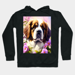 Saint Bernard Dog Surrounded by Beautiful Spring Flowers Hoodie
