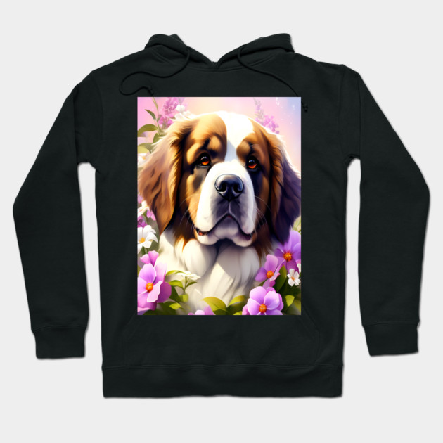 Saint Bernard Dog Surrounded by Beautiful Spring Flowers Hoodie by BirdsnStuff