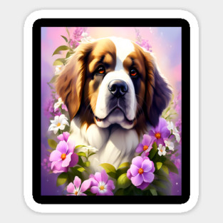 Saint Bernard Dog Surrounded by Beautiful Spring Flowers Sticker