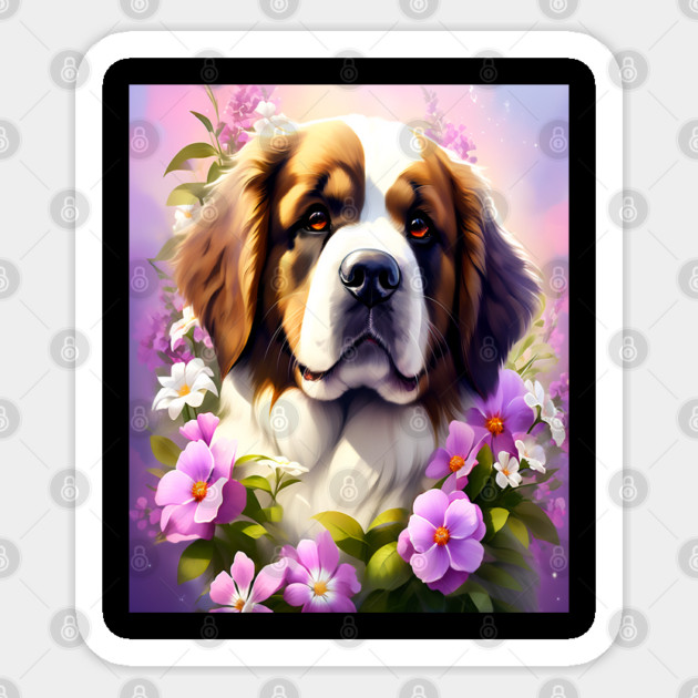 Saint Bernard Dog Surrounded by Beautiful Spring Flowers Sticker by BirdsnStuff