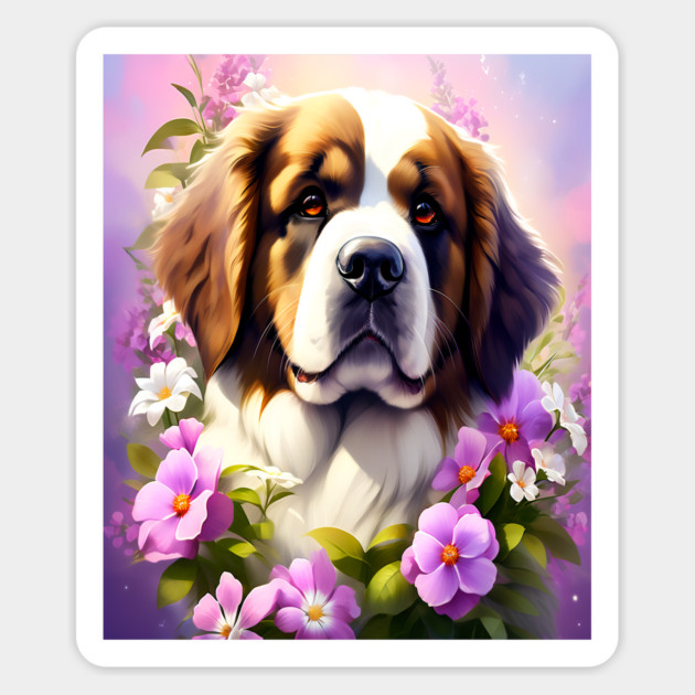 Saint Bernard Dog Surrounded by Beautiful Spring Flowers Magnet by BirdsnStuff