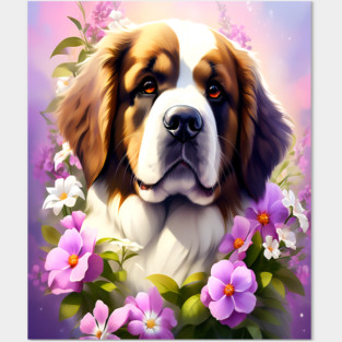 Saint Bernard Dog Surrounded by Beautiful Spring Flowers Posters and Art