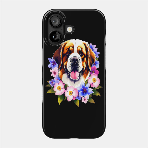 Saint Bernard Dog Surrounded by Beautiful Spring Flowers Phone Case by BirdsnStuff