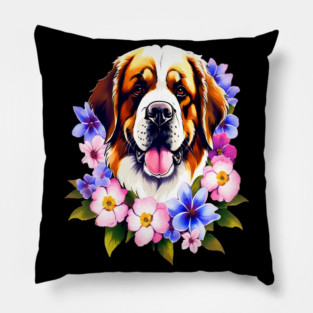 Saint Bernard Dog Surrounded by Beautiful Spring Flowers Pillow