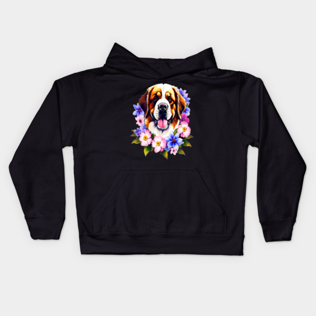 Saint Bernard Dog Surrounded by Beautiful Spring Flowers Kids Hoodie by BirdsnStuff