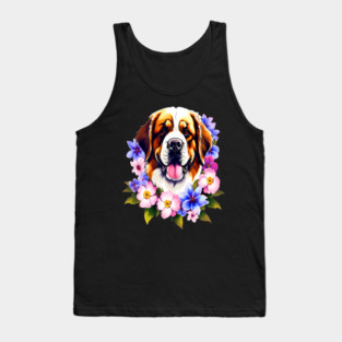 Saint Bernard Dog Surrounded by Beautiful Spring Flowers Tank Top