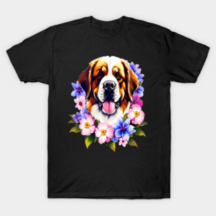 Saint Bernard Dog Surrounded by Beautiful Spring Flowers T-Shirt