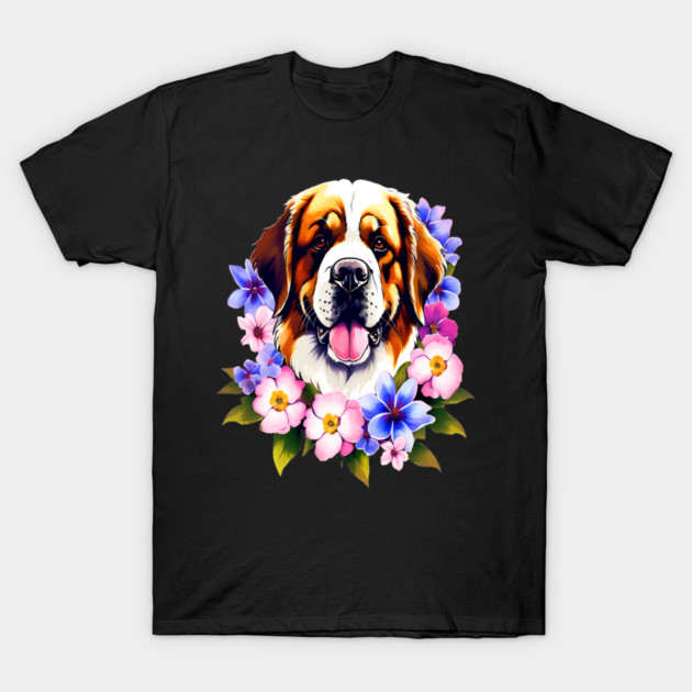 Saint Bernard Dog Surrounded by Beautiful Spring Flowers T-Shirt by BirdsnStuff