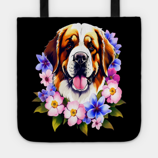 Saint Bernard Dog Surrounded by Beautiful Spring Flowers Tote by BirdsnStuff