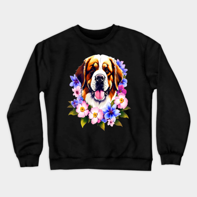 Saint Bernard Dog Surrounded by Beautiful Spring Flowers Crewneck Sweatshirt by BirdsnStuff