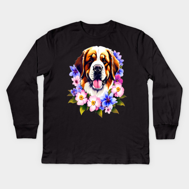 Saint Bernard Dog Surrounded by Beautiful Spring Flowers Kids Long Sleeve T-Shirt by BirdsnStuff