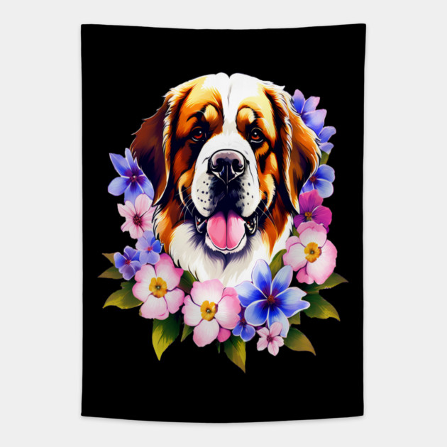 Saint Bernard Dog Surrounded by Beautiful Spring Flowers Tapestry by BirdsnStuff