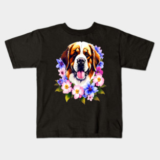 Saint Bernard Dog Surrounded by Beautiful Spring Flowers Kids T-Shirt