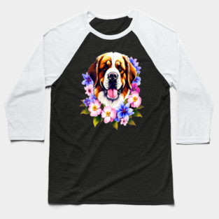 Saint Bernard Dog Surrounded by Beautiful Spring Flowers Baseball T-Shirt