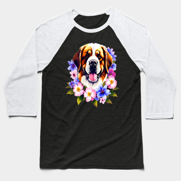 Saint Bernard Dog Surrounded by Beautiful Spring Flowers Baseball T-Shirt by BirdsnStuff