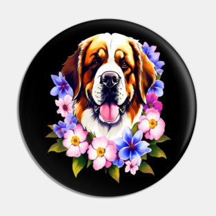 Saint Bernard Dog Surrounded by Beautiful Spring Flowers Pin