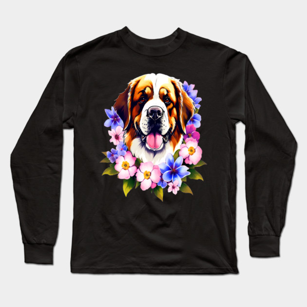 Saint Bernard Dog Surrounded by Beautiful Spring Flowers Long Sleeve T-Shirt by BirdsnStuff