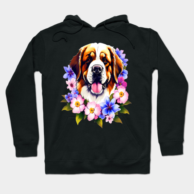 Saint Bernard Dog Surrounded by Beautiful Spring Flowers Hoodie by BirdsnStuff