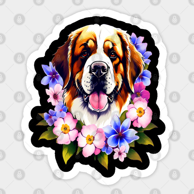 Saint Bernard Dog Surrounded by Beautiful Spring Flowers Sticker by BirdsnStuff