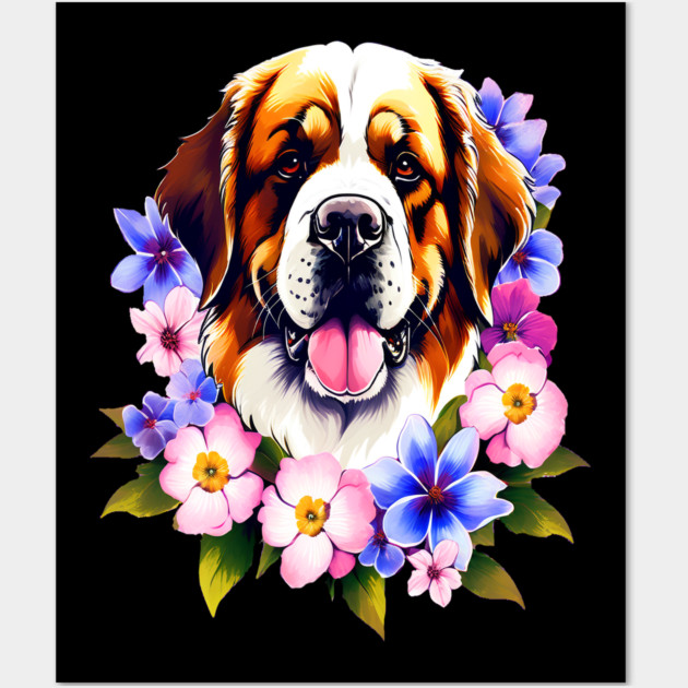 Saint Bernard Dog Surrounded by Beautiful Spring Flowers Wall Art by BirdsnStuff