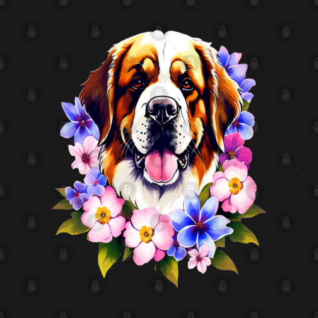 Saint Bernard Dog Surrounded by Beautiful Spring Flowers by BirdsnStuff