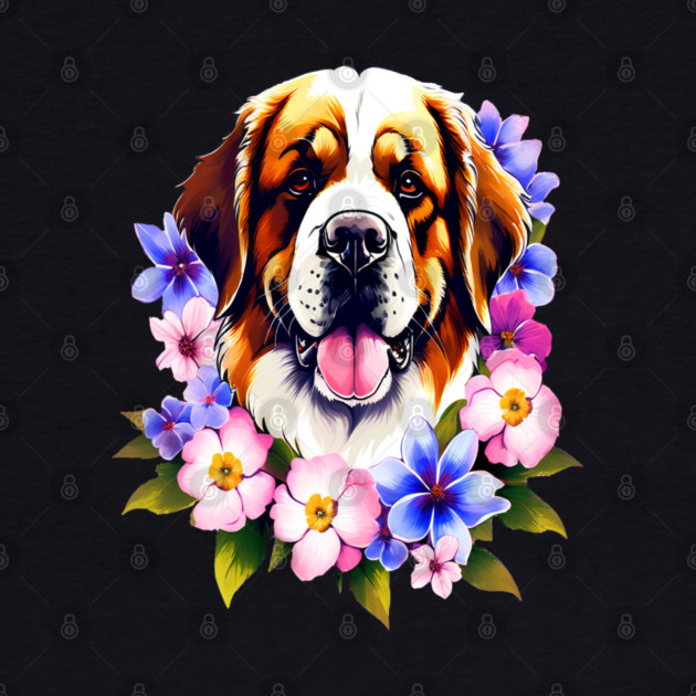 Saint Bernard Dog Surrounded by Beautiful Spring Flowers by BirdsnStuff