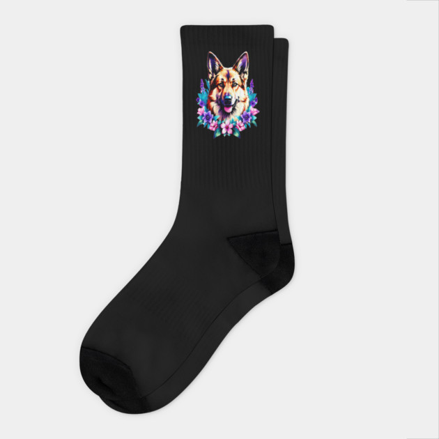 German Shepherd Dog Surrounded by Beautiful Spring Flowers Socks by BirdsnStuff