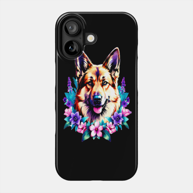 German Shepherd Dog Surrounded by Beautiful Spring Flowers Phone Case by BirdsnStuff