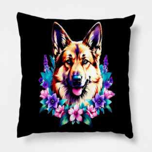 German Shepherd Dog Surrounded by Beautiful Spring Flowers Pillow