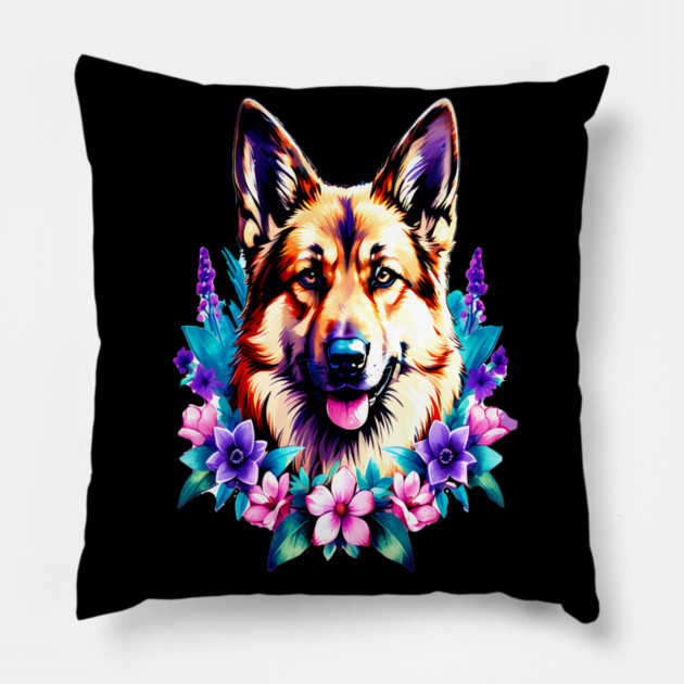 German Shepherd Dog Surrounded by Beautiful Spring Flowers Pillow by BirdsnStuff