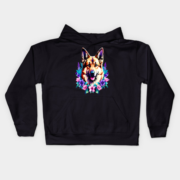 German Shepherd Dog Surrounded by Beautiful Spring Flowers Kids Hoodie by BirdsnStuff