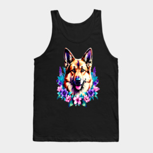 German Shepherd Dog Surrounded by Beautiful Spring Flowers Tank Top