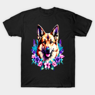German Shepherd Dog Surrounded by Beautiful Spring Flowers T-Shirt