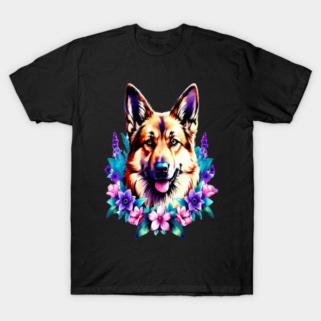 German Shepherd Dog Surrounded by Beautiful Spring Flowers T-Shirt by BirdsnStuff