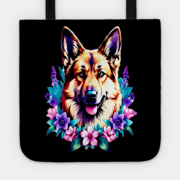 German Shepherd Dog Surrounded by Beautiful Spring Flowers Tote by BirdsnStuff