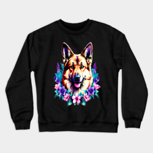 German Shepherd Dog Surrounded by Beautiful Spring Flowers Crewneck Sweatshirt