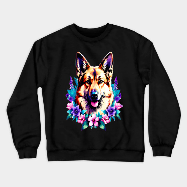 German Shepherd Dog Surrounded by Beautiful Spring Flowers Crewneck Sweatshirt by BirdsnStuff