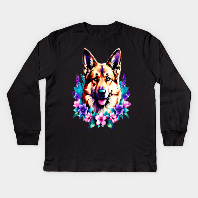 German Shepherd Dog Surrounded by Beautiful Spring Flowers Kids Long Sleeve T-Shirt by BirdsnStuff