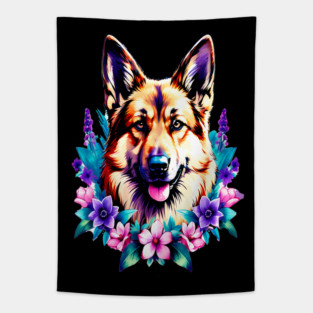German Shepherd Dog Surrounded by Beautiful Spring Flowers Tapestry