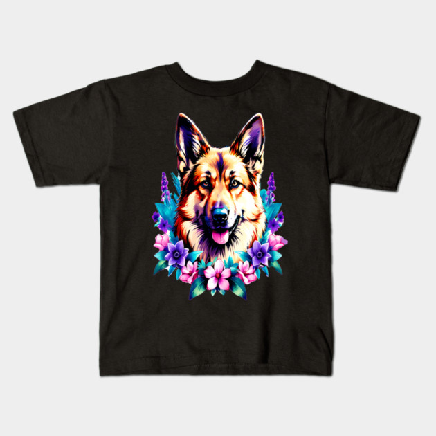 German Shepherd Dog Surrounded by Beautiful Spring Flowers Kids T-Shirt by BirdsnStuff