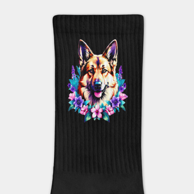 German Shepherd Dog Surrounded by Beautiful Spring Flowers by BirdsnStuff